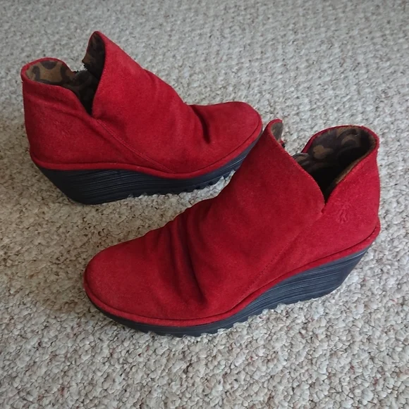 Fly London Shoes Yip Red Suede Wedge Heel Ankle Boots Size EU 37 US 6.5